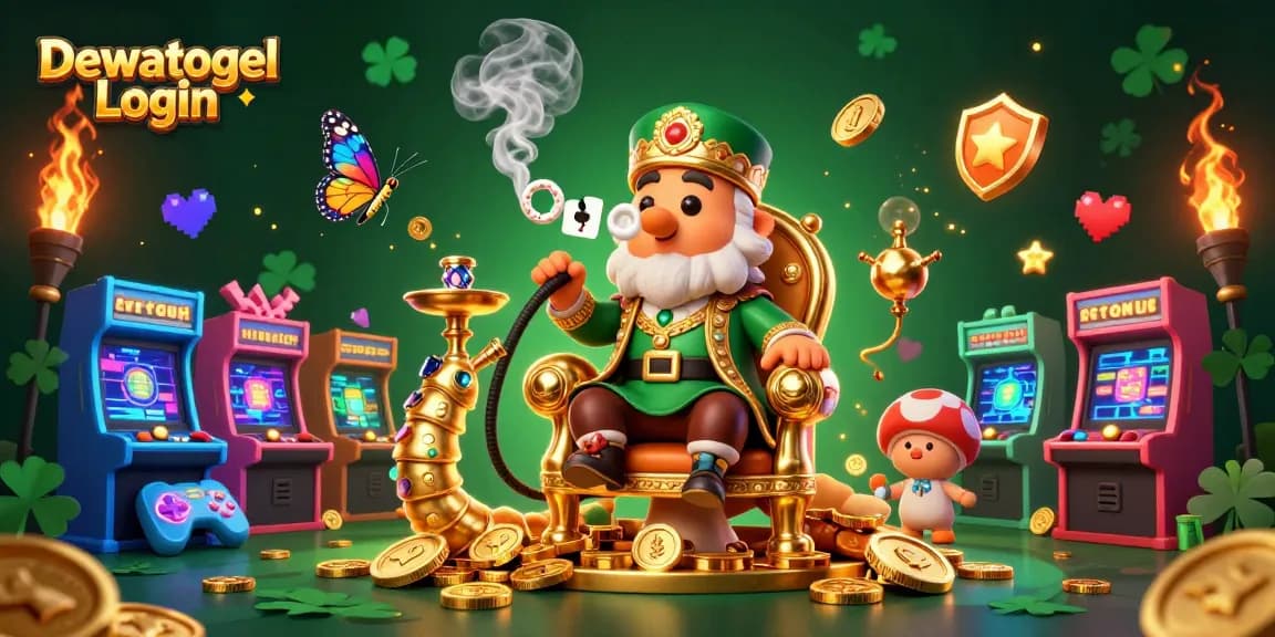 Dewatogel Login showcases a vibrant casino scene featuring poker hand smoke rings, colorful arcade games, and golden coins.
