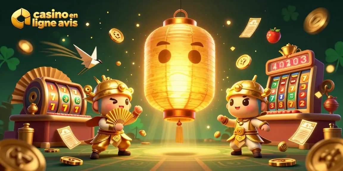 Avis sur les casinos en ligne illustré par un esprit lantern géant doré et des éléments de jeu dynamique