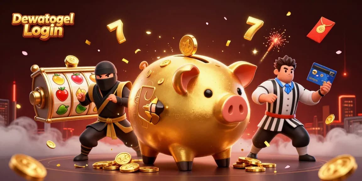 Dewatogel Login showcases vibrant 3D characters in a dynamic casino scene with golden coins and slot reels.