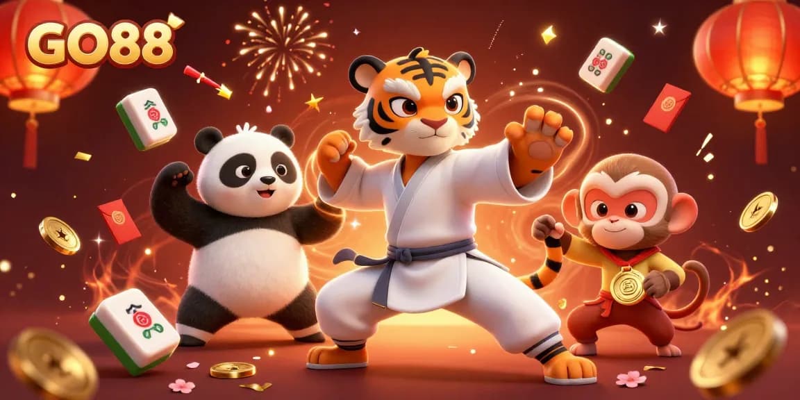 Engage in gaming at GO88 while admiring three characters performing martial arts in a vibrant casino scene.