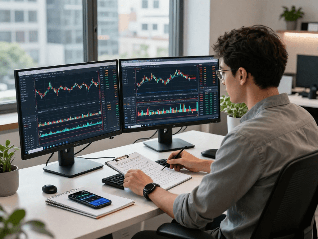 TradingView trading analysis workspace with professional charts and a trader focused on market insights.