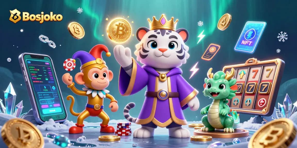 Experience Bosjoko's vibrant gaming world with a royal tiger, playful monkey, and dragon amidst lively casino elements.