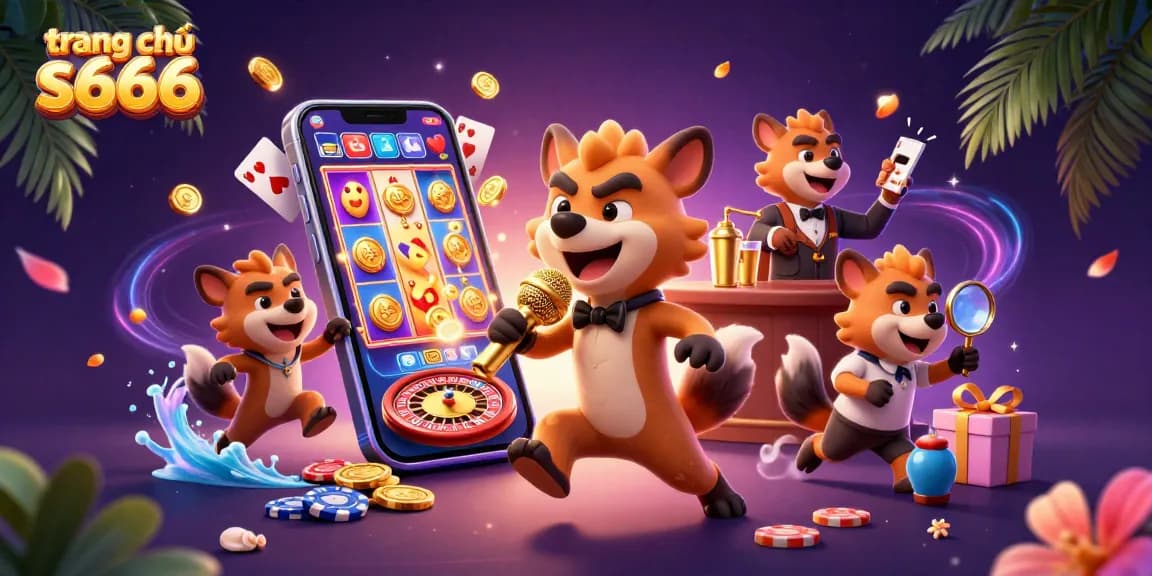 Experience the vibrant action of trang chủ s666 with hyenas in a lively casino scene featuring slots and games.
