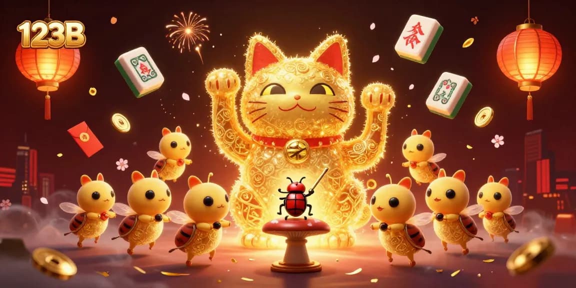 Engage in thrilling gameplay at 123B with a vibrant casino scene featuring lucky cats, golden fireflies, and rich cultural elements.
