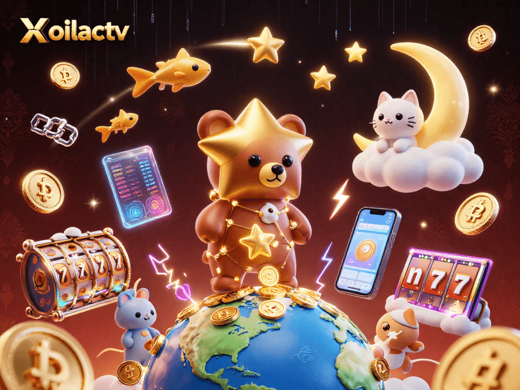 Xoilactv showcases an exciting casino illustration featuring a constellation bear, crypto coins, and slot reels.