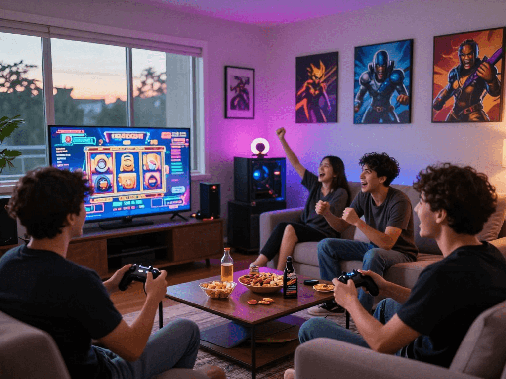 Players enjoying engaging slot gacor gaming session in a vibrant living room.