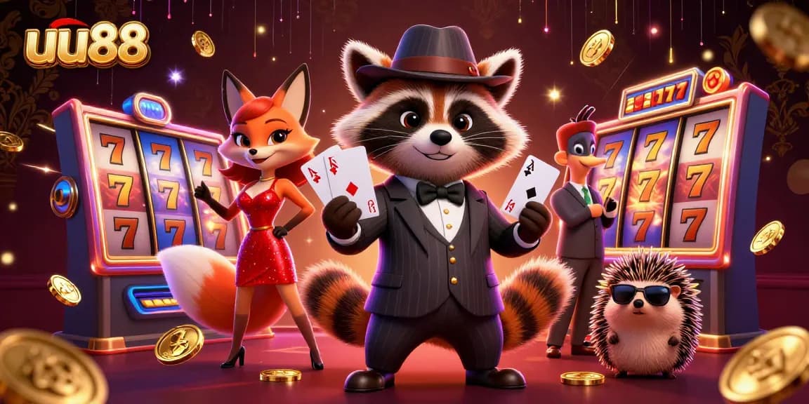 Join the fun at uu88 with a 3D raccoon, fox, and hedgehog enjoying a thrilling slots experience.
