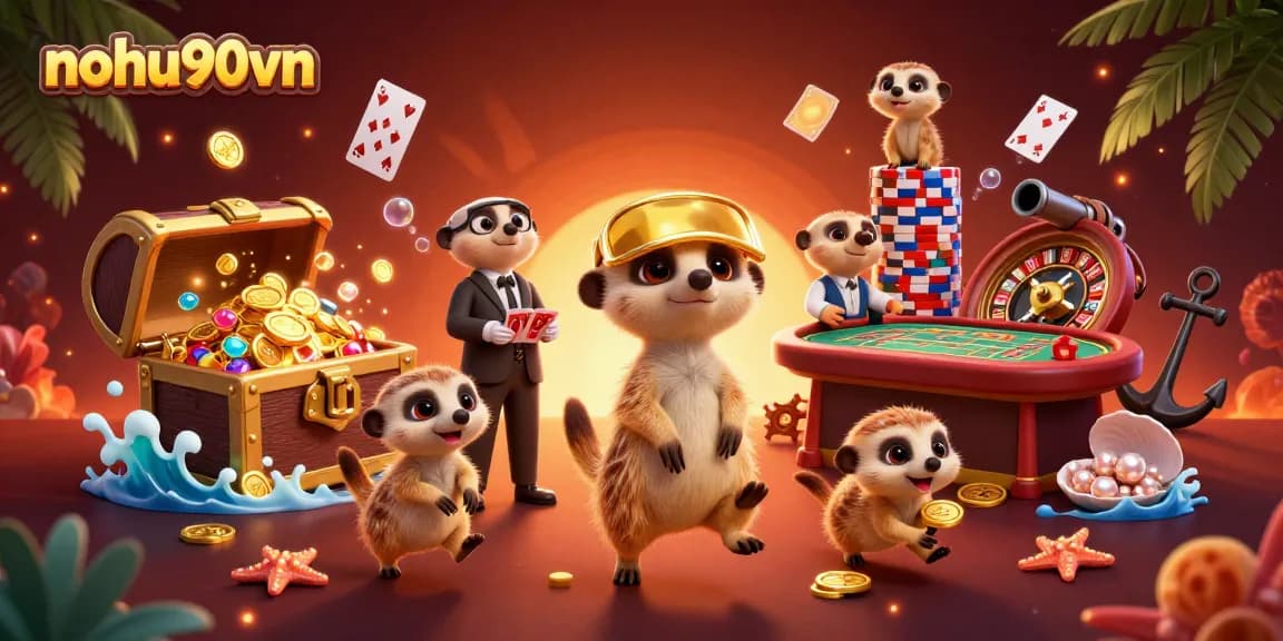 Nohu90vn showcases a dynamic casino scene with meerkats, celebrating big wins with colorful treasure and casino elements.