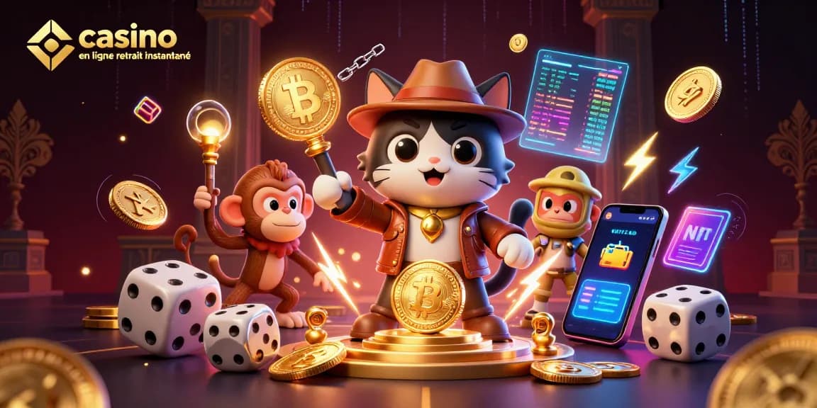 Illustration d'un chat archéologue au casino en ligne retrait instantané avec crypto-monnaies scintillantes.