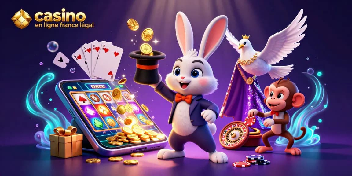 Visualisez le casino en ligne France légal avec un lapin magicien, une colombe glamour, et un singe espiègle au centre d'une scène dynamique.