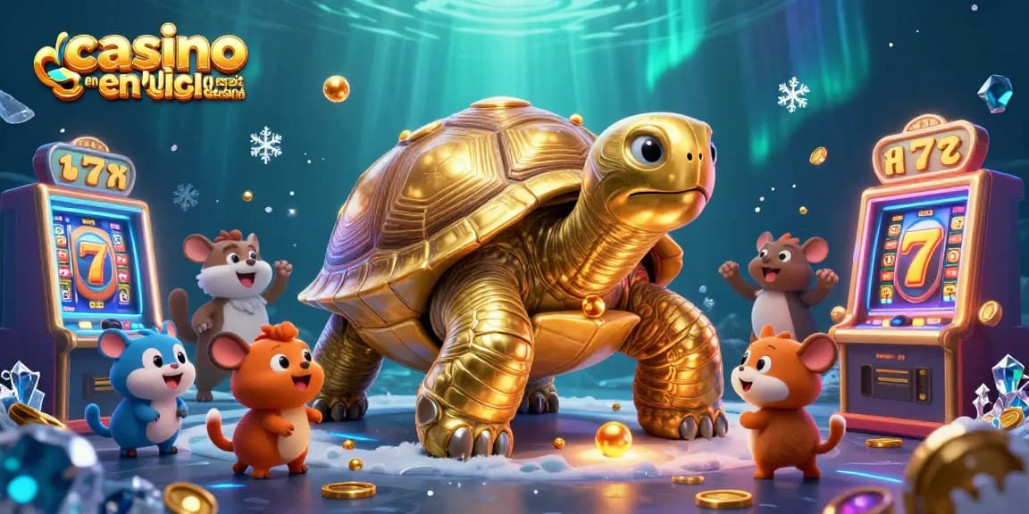 Illustration animée d'un casino en ligne retrait instantané avec des tortues et des jeux de machines à sous.