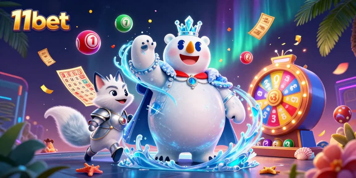 11bet showcases a vibrant 3D scene with lottery elements and characters celebrating a winning atmosphere.