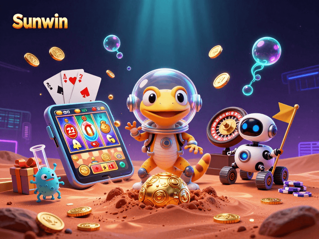 Sunwin gamers engage with vibrant online casino elements in a captivating cosmic setting.