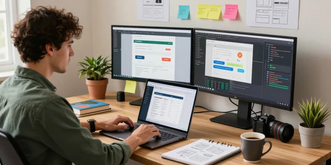 Free Elementor Pro by Hostneverdie showcased in a modern home office with a developer at work, highlighting creative atmosphere.
