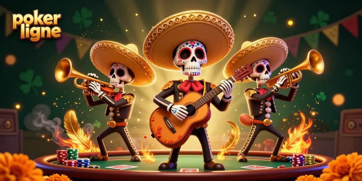 Jouez au poker en ligne avec une illustration 3D dynamique de mariachi et une table de poker