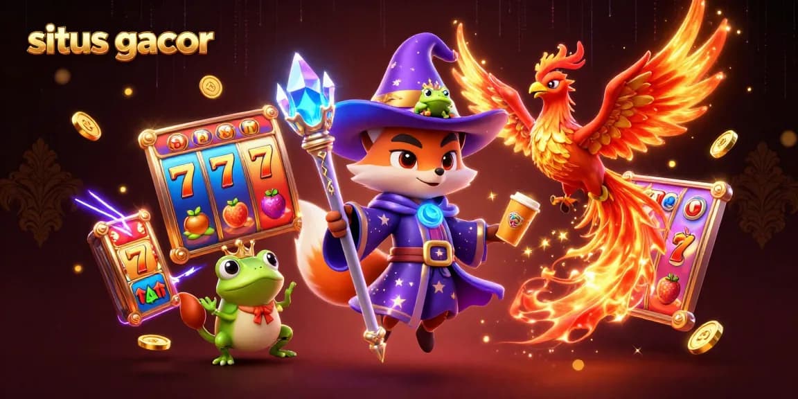 Spin to win with situs gacor as a mystical wizard fox conjures slot magic amidst vibrant gaming elements.
