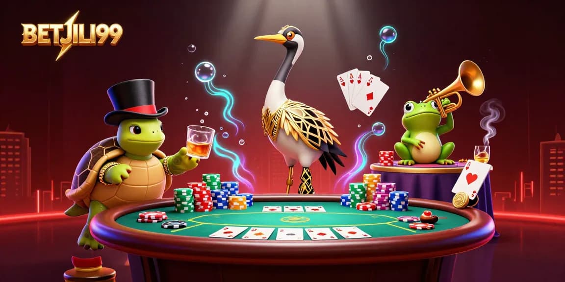 Experience thrilling gameplay action at BETJILI99 with a vibrant casino illustration featuring characters and casino elements.