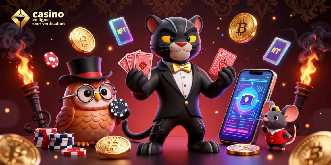Dépose facilement vos gains sur un casino en ligne sans vérification grâce à l'illustration dynamique avec des pièces de crypto et des personnages animés.