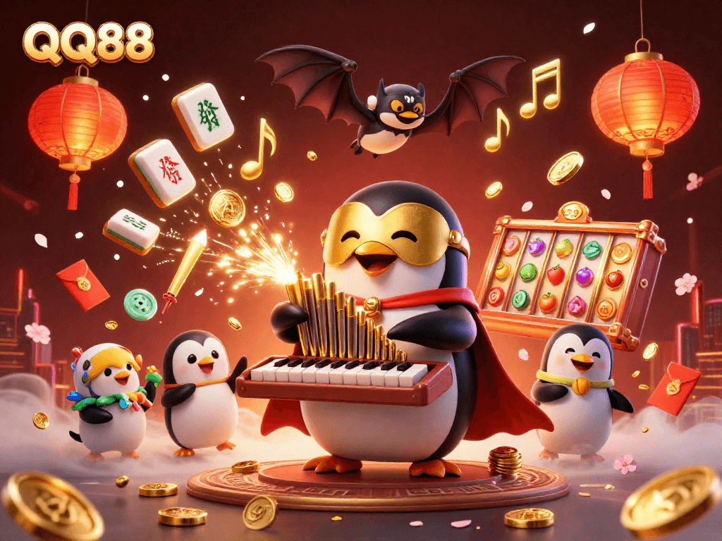 Engage in exhilarating gameplay at QQ88 with golden coins pouring from a colorful pipe organ amidst floating game elements.
