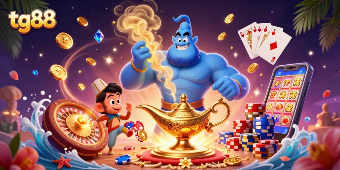 Spin and win at tg88 with a vibrant 3D scene featuring a genie, poker chips, and dazzling casino elements.