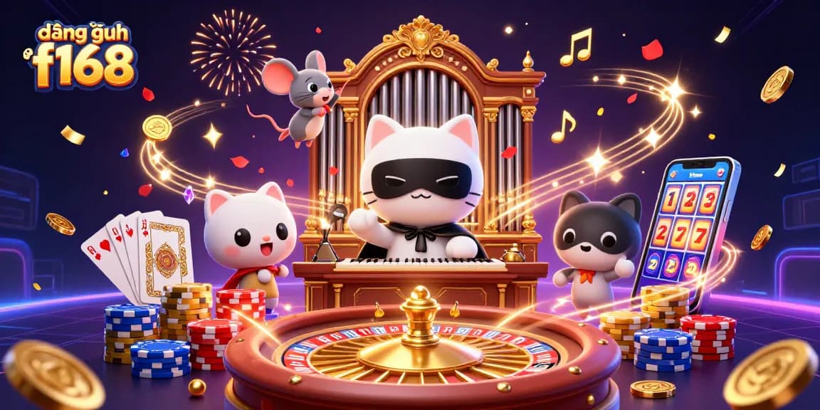 Experience đăng nhập f168 with dazzling casino characters amidst golden coins and vibrant gaming elements.