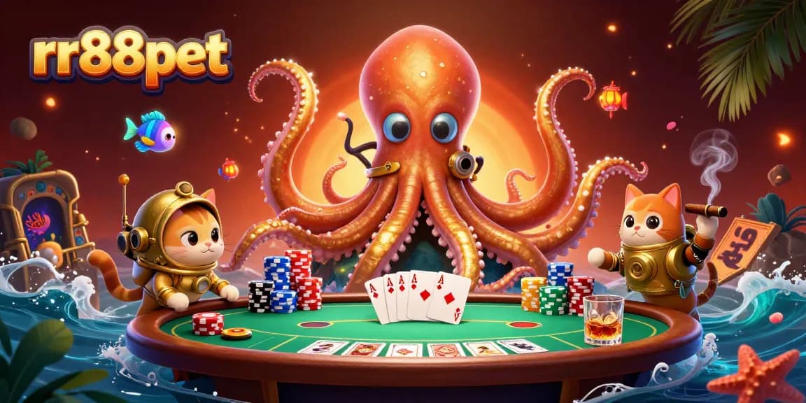 Play at rr88pet and experience thrilling poker with a colossal kraken and a diving cat in this vibrant casino illustration.
