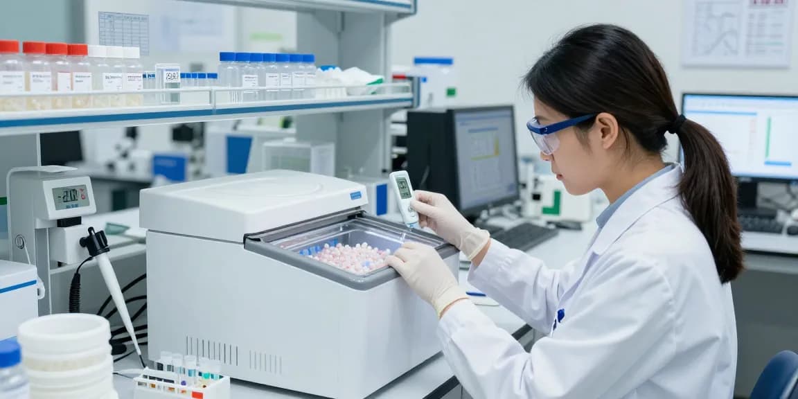 Researcher examining lyophilisation peptides in a lab freezer at -20 °C, ensuring optimal storage conditions.