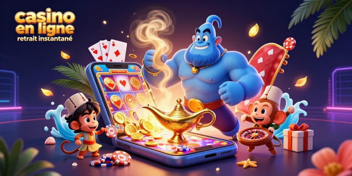 Retrait instantané dans les casinos en ligne avec une illustration dynamique de personnages de casino.