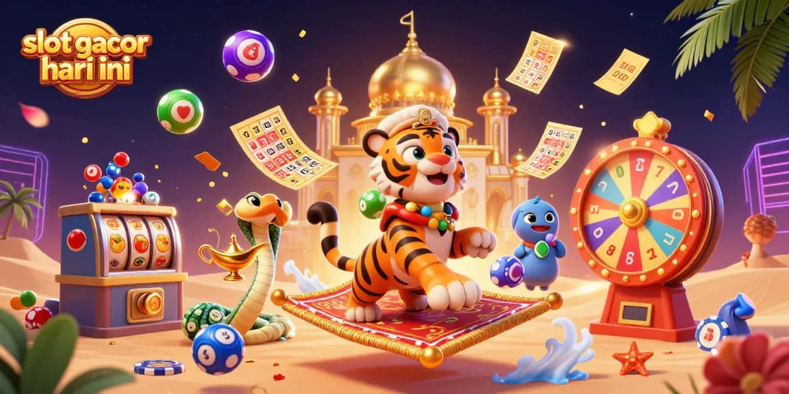 Experience slot gacor hari ini with a vibrant 3D illustration of a sultan on a flying carpet amidst colorful gambling elements.