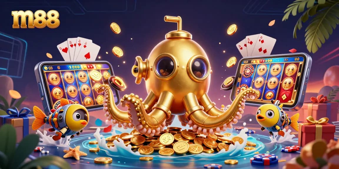 Experience m88 gaming excitement with a golden kraken submarine and vibrant casino elements