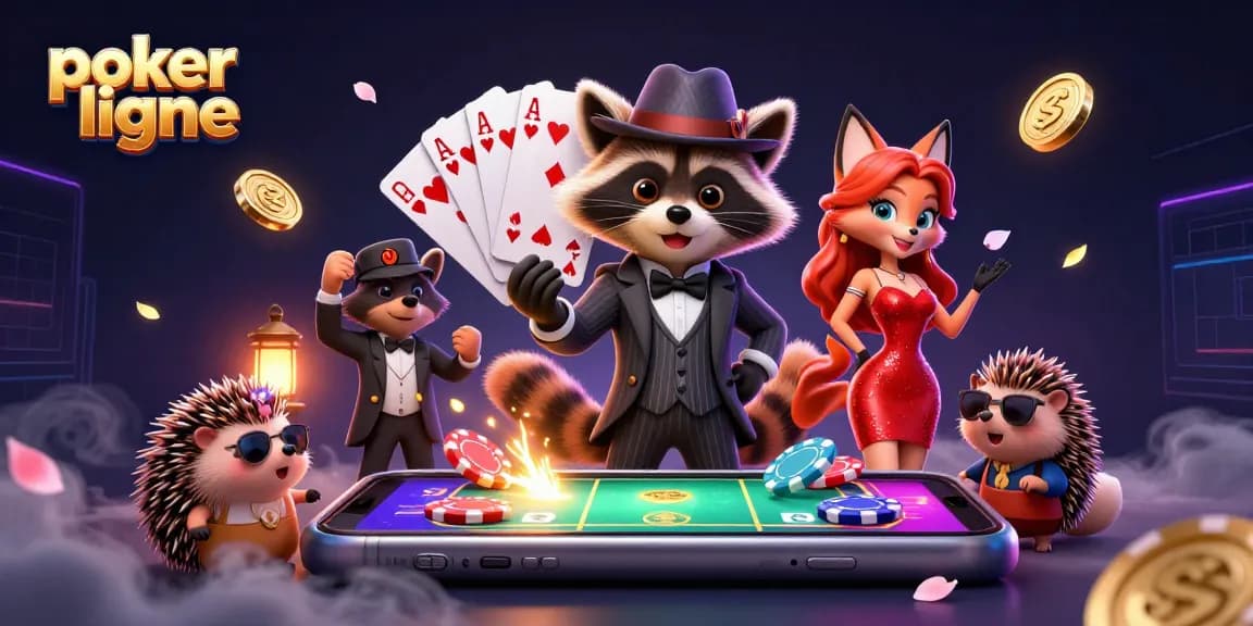 Jouez au poker en ligne avec un raton laveur élégant et ses compagnons dans une illustration 3D dynamique.