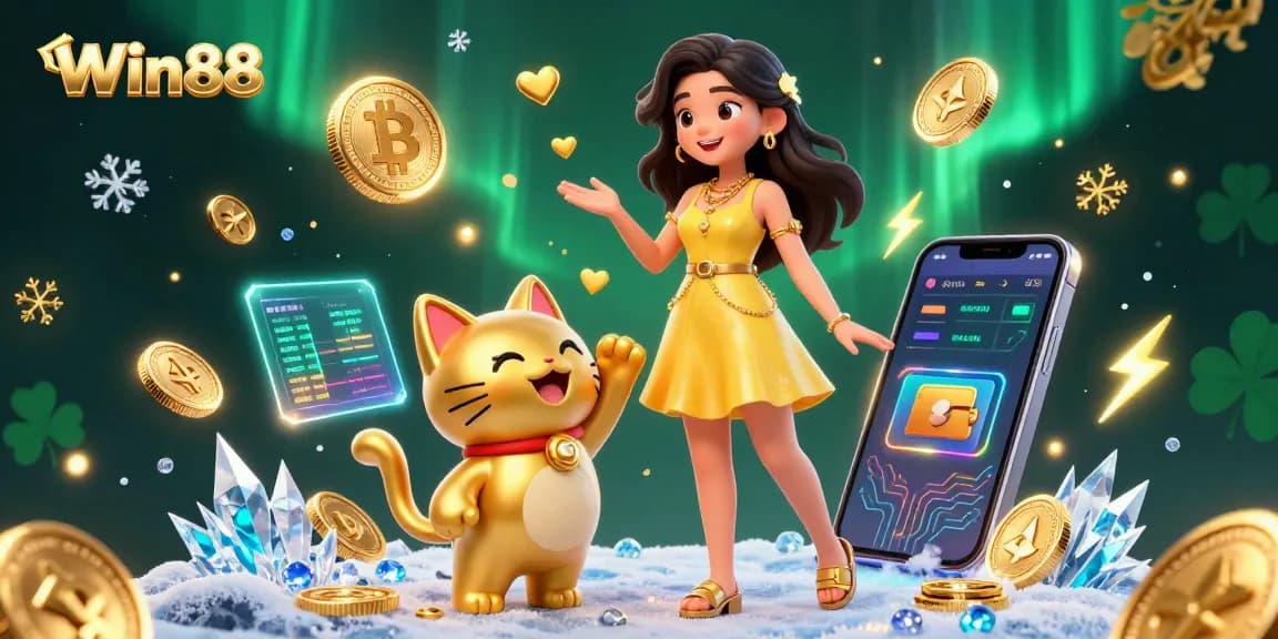 Win88 players enjoy a dynamic casino experience with golden coins and heart-shaped confetti.