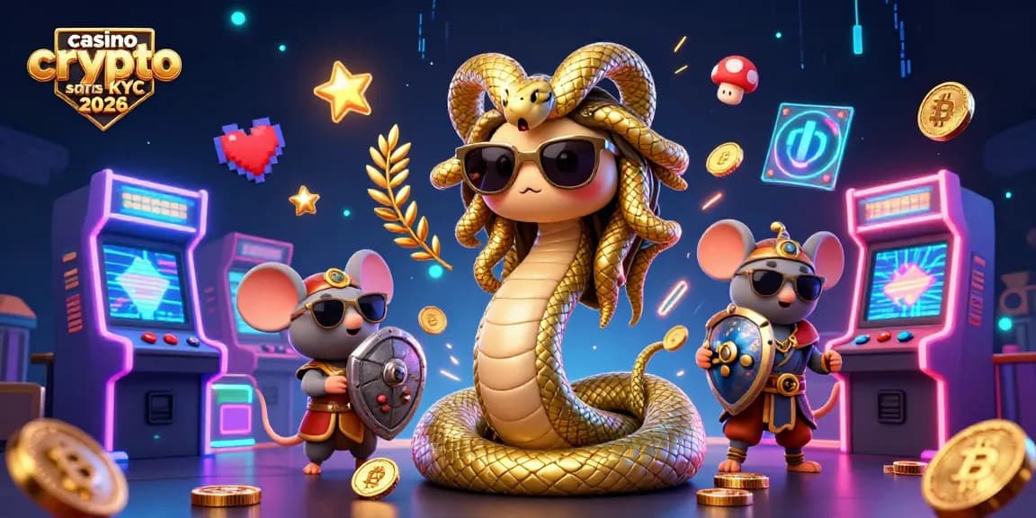 Une illustration dynamique de casino crypto sans KYC 2026, mettant en avant Medusa et un guerrier souris