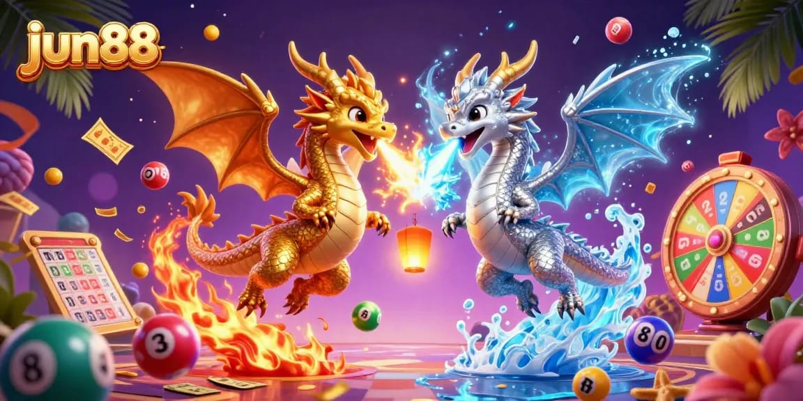 Join the excitement at jun88, featuring colorful lottery balls and twin dragons in a vibrant casino scene.