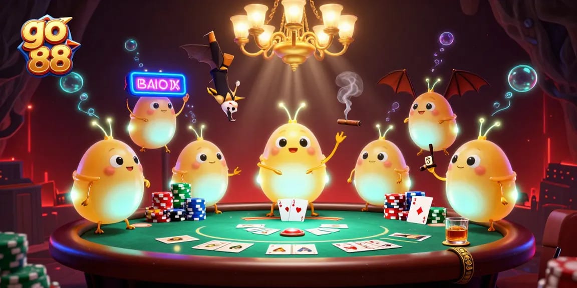 Experience the excitement at go 88 with glowing worms illuminating a vibrant casino scene featuring poker action.