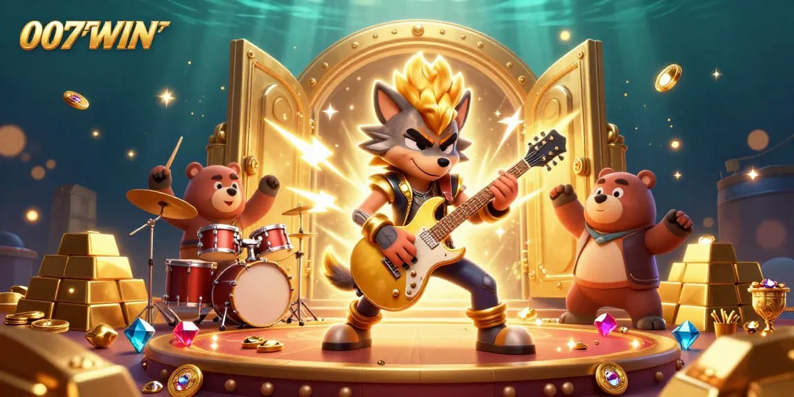 Experience exciting gaming adventures with 007WIN featuring a rock star wolf and dynamic casino elements.