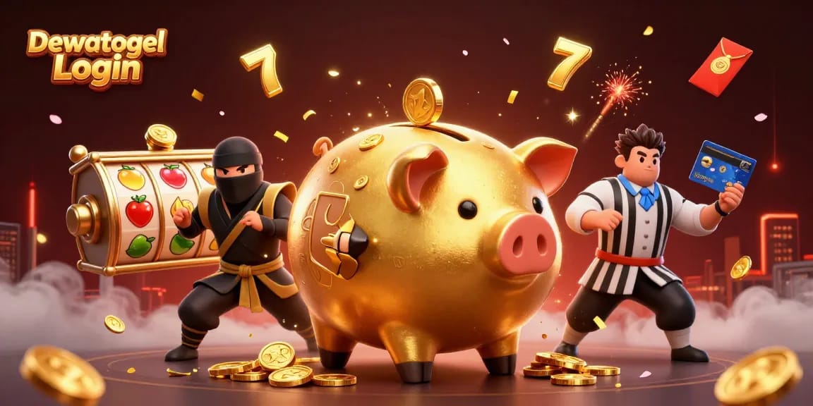 Dewatogel Login showcases vibrant 3D characters in a dynamic casino scene with golden coins and slot reels.
