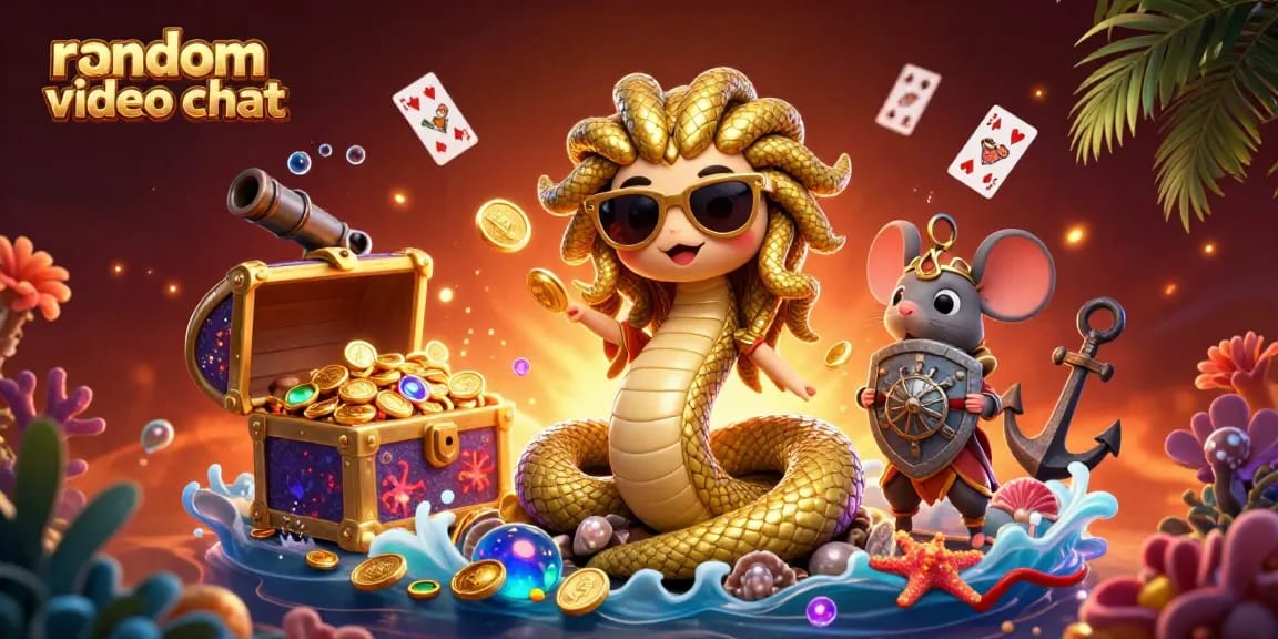 Engage in random video chat with vibrant characters in a lively casino-themed scene.