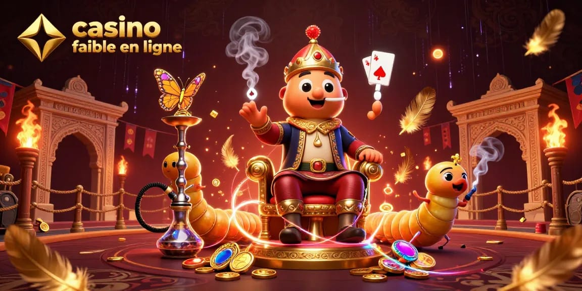 Illustration animée d'un casino fiable en ligne, mettant en scène un maître narguilé et des symboles de poker.