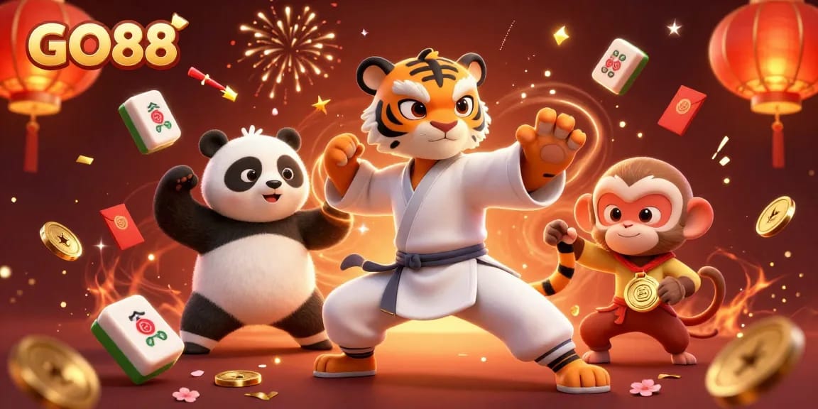 Engage in gaming at GO88 while admiring three characters performing martial arts in a vibrant casino scene.