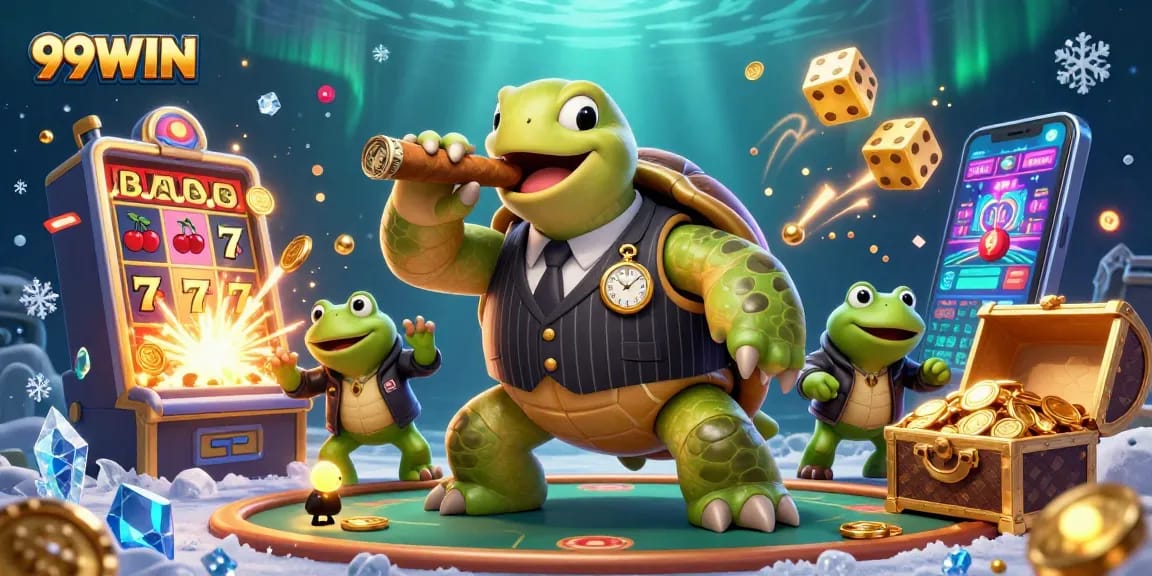 Experience thrilling casino action with 99WIN as a turtle mobster and bullfrog enforcers celebrate jackpots and games.