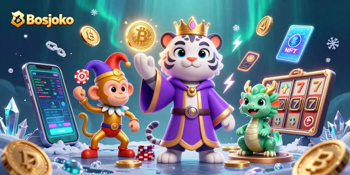 Experience Bosjoko's vibrant gaming world with a royal tiger, playful monkey, and dragon amidst lively casino elements.