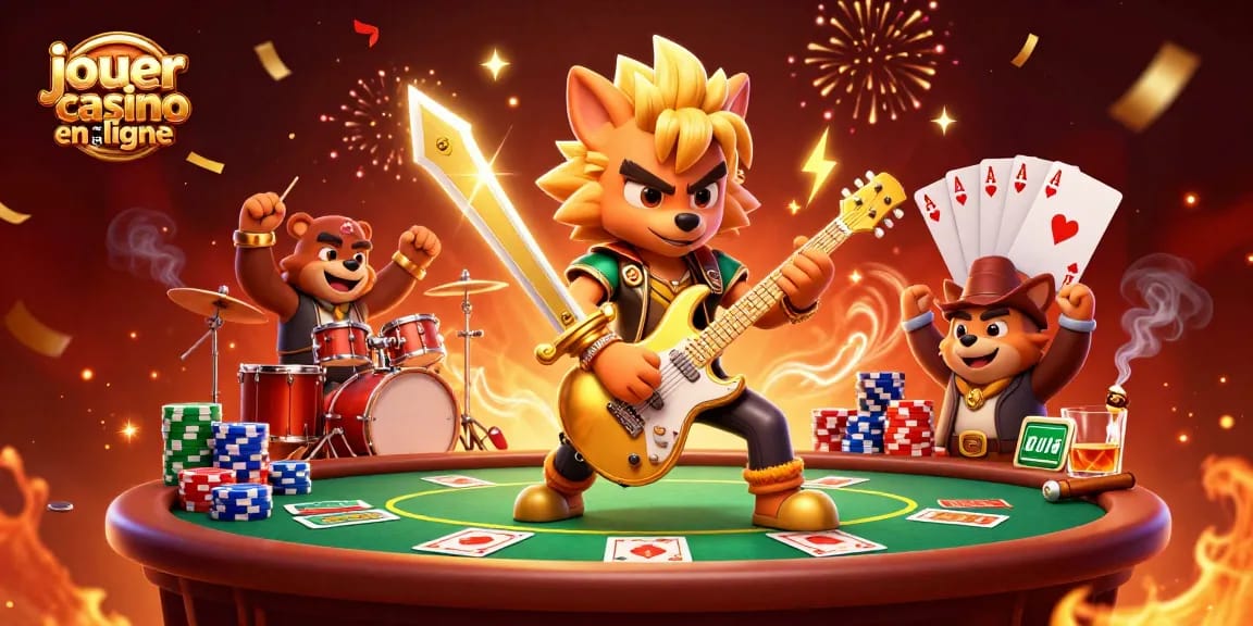Jouer au casino en ligne avec cette scène dynamique de personnages animés et éléments de poker.