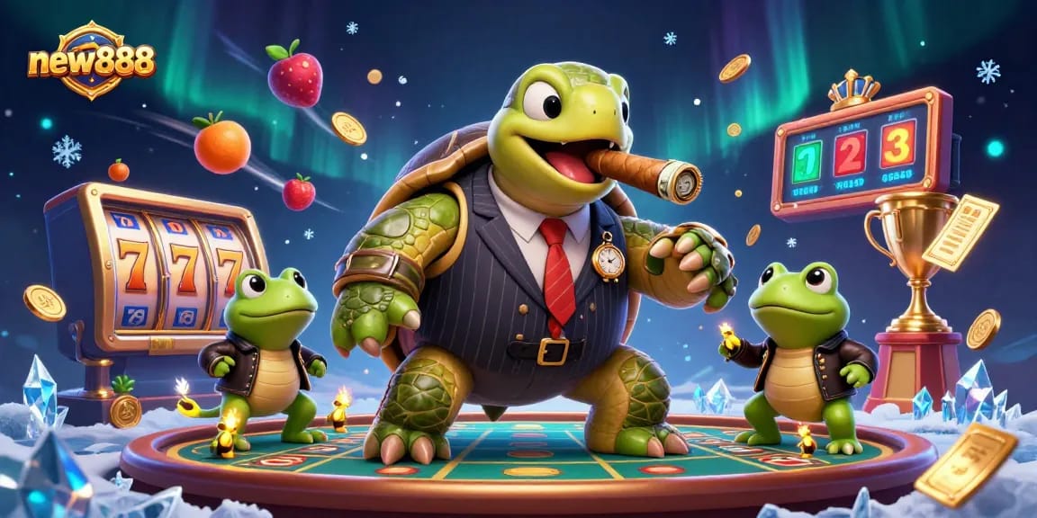 Experience the thrill of new888 with a cartoon turtle in a mobster suit surrounded by slot reels and casino lights.
