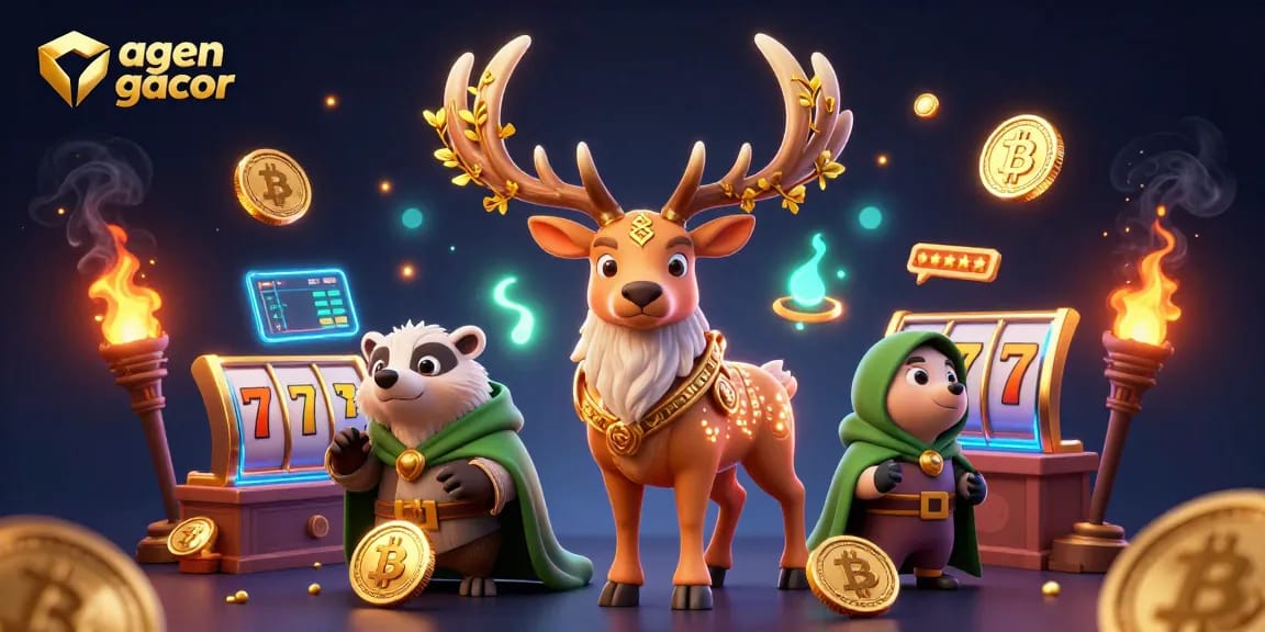 Play slots with agen gacor featuring a druid stag and vibrant crypto elements.