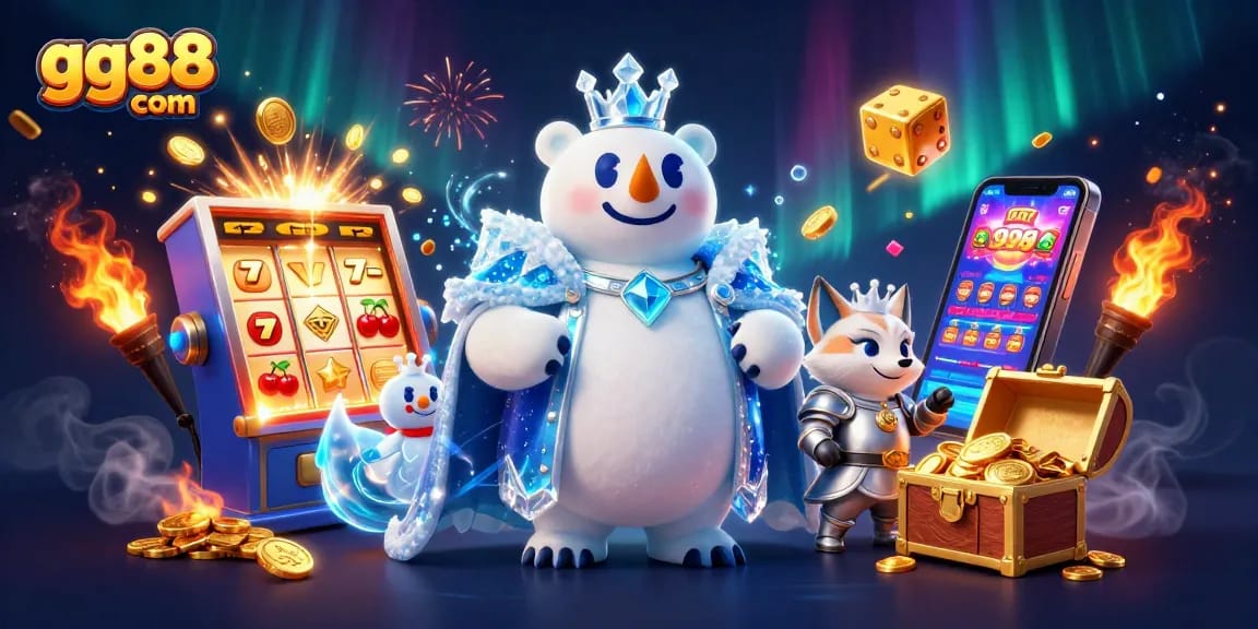 Join the excitement at gg88 com with a vibrant 3D casino scene featuring a polar bear king and a snow fox in a jackpot explosion!