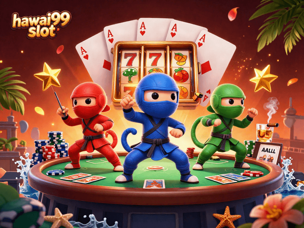 Engage with hawai99 slot's vibrant 3D illustration showing chameleons amidst a casino scene.