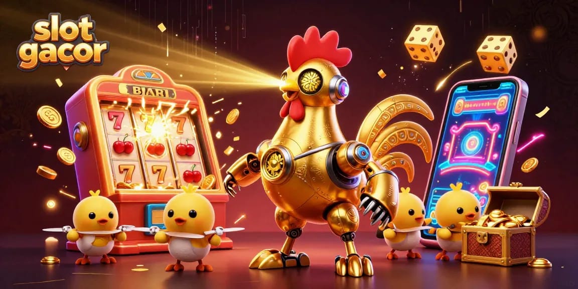 Experience the thrill of slot gacor with a golden rooster robot and slot machine explosion.