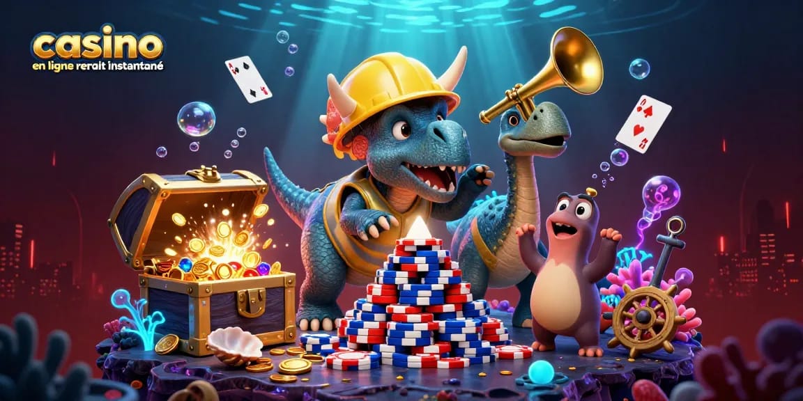Retraits instantanés au casino en ligne avec une illustration de triceratops et de jubilations sous-marines.
