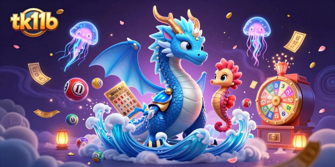 Experience the excitement of tk11b with captivating casino-themed 3D art featuring mythical creatures.